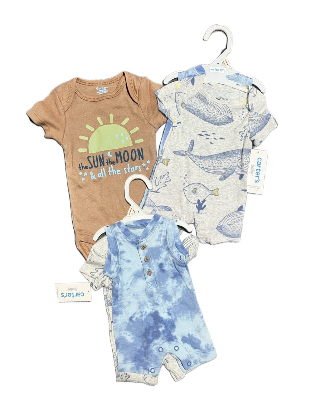3-Pack Short Sleeve One-Pieces in Tan, Blue, and Light Gray Whale Print